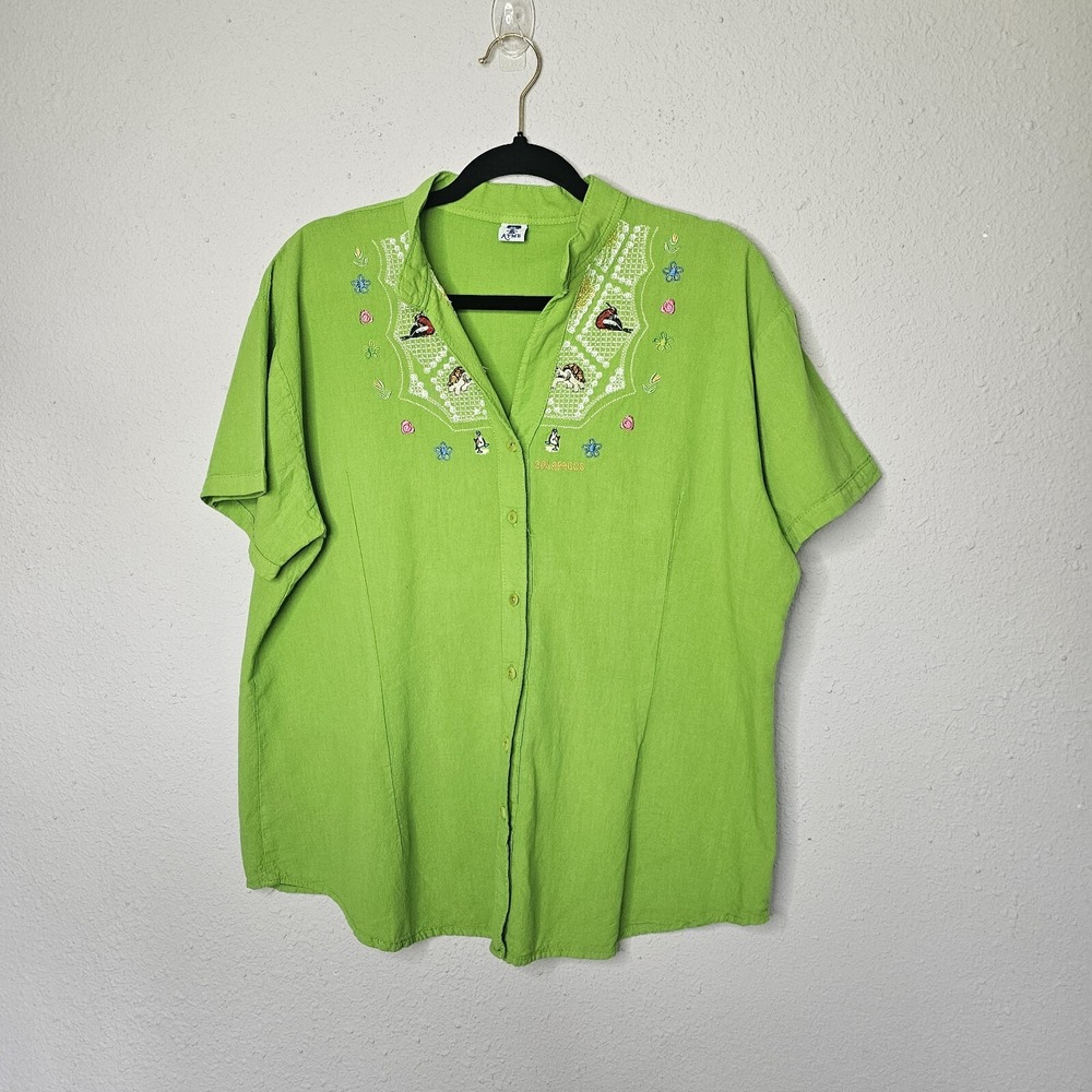 AYME Galapagos Embroidery Shirt Womens XL Lime Green Tortoise Bird Button Up